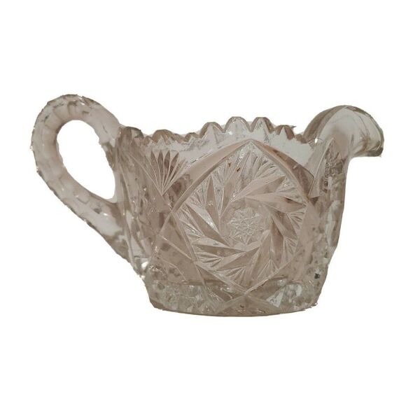 Vintage Art Deco Clear Cut Glass Crystal Creamer Open Sugar Bowl Handles Star - Picture 4 of 8